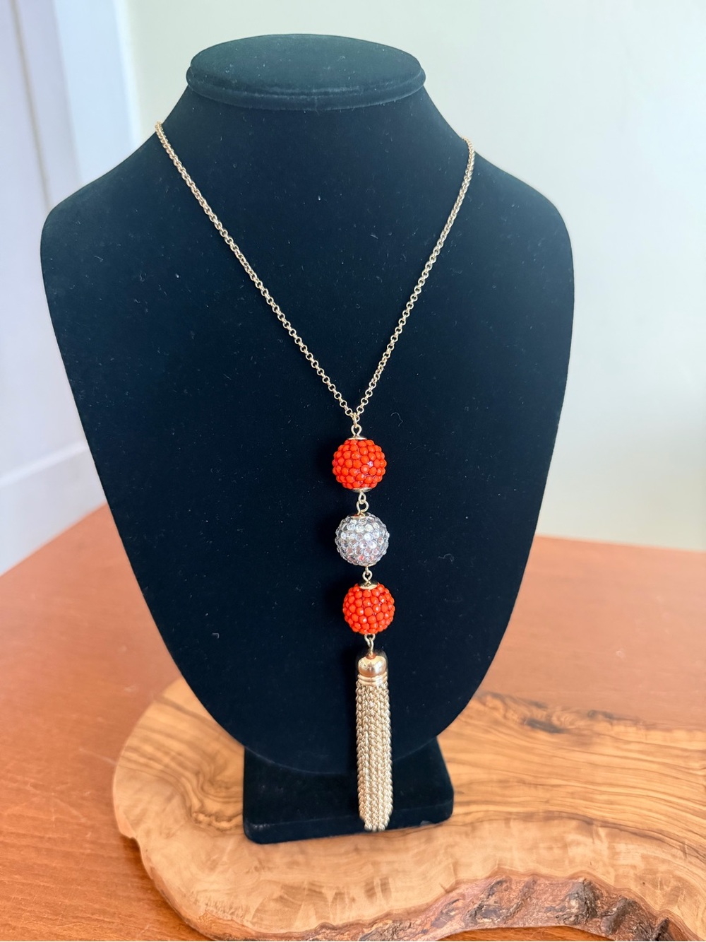 LOFT Gold Tassel Necklace with Red Beaded and Crystal Accents